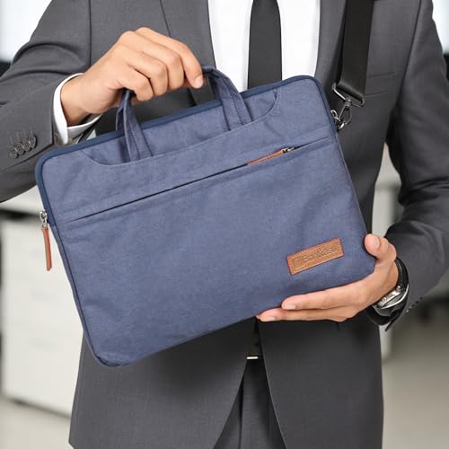 Image of Bonkaso 14.1 Inch Laptop Sleeve Cum Messenger Bag for MacBook & Laptops | Premium Polyester Melange | Water-Resistant Padded Case with Handle & Sling Strap | Lightweight Office Travel Bag - Dark Blue