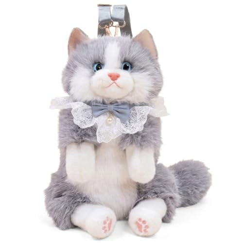 Sac à dos en peluche de chat gris réaliste pour les filles et femmes