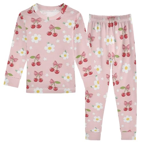 Pajama Sets Long Sleeve Cherry Bow Star Background Soft Comfy Sleepwear 2 Piece PJS 3-8T