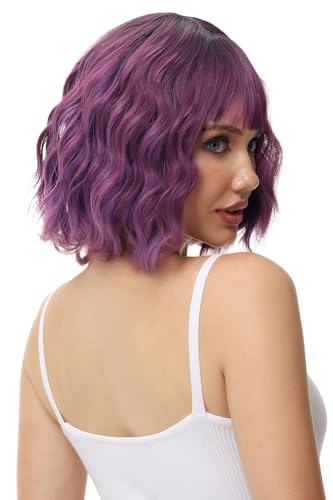 Image of Rose bud Wavy Bob Wig with Bangs Natural Ombre Purple Wig Synthetic Hair Shoulder Length Short Curly Wigs for Women