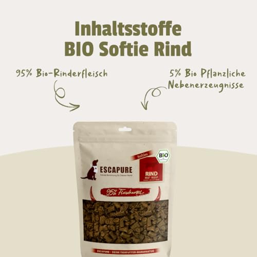 ESCAPURE Bio Softies – Hundesnacks aus Rindfleisch – 100% Bio-Zutaten, 98% Muskelfleisch – Getreidefrei, ohne Zusatzstoffe, Soft-Leckerli für Training & Belohnung (120g)