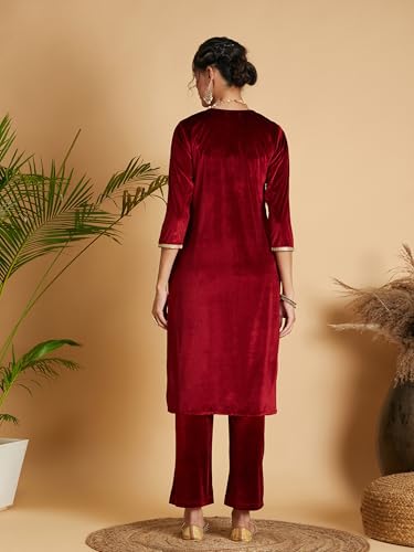 Image of Women's Velvet Floral Embroidered Straight Kurta | Round Neck Three-Quarter Sleeve Calf Length Kurti with Thread Work