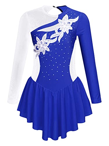 CHICTRY Eiskunstlauf Kleid Mädchen Langarm Rollschuhkleid Strass Glitzer Tanzbody Farbblock Patchwork Leotard Mit Wickelrock Dancewear Royal Blau 158-164