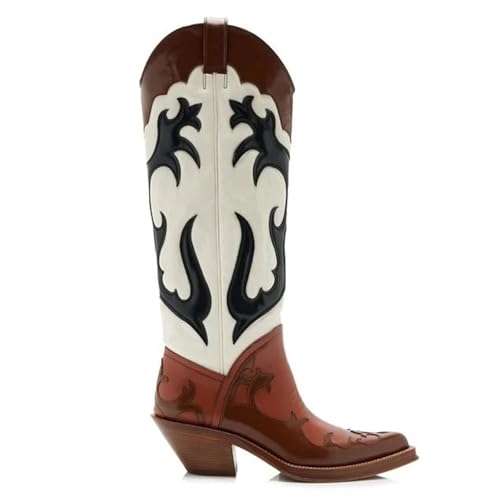 Cowboy Western Knee High Boots for Women Two Tone Leather Pointed Toe Stacked Chunky Heel Tall Booties Classic Retro Embroidered Cowgirl Boot Pull on3