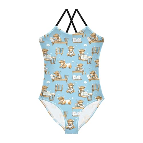 senya Girls Swimsuits One-Piece Swimwear Tie Bathing Suit Beach Summer Round Neck 9-10T Highland Cattle Reading Book Pattern