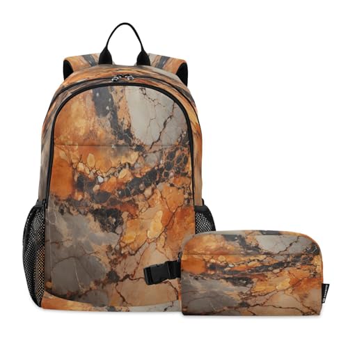 Sac d'école léger durable marbre marron avec sac à déjeuner thermique pour élèves