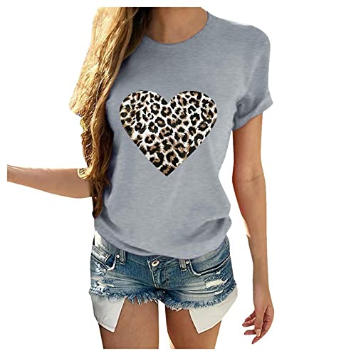 2025 Camiseta Mujer de Manga Corta Moda Casual Estampado Amor Leopardo San Valentín Regalo Suelto Cuello Redondo Tumblr Tops Fiesta T-Shirt Camisa Original Verano Basic tee Talla Grande