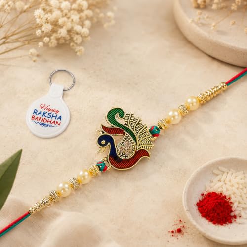 Image of Riddhika Ventures Alluring Gold Plated Floral and Pearl Rakhi (Bracelet) with Roli Chawal, Greeting Card and One Motivational Keychain