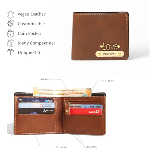 Image of Personalized Name & Charm Leather Wallet for Men |Customized Valentine Propose Day Gifts for Men Boy Teens Boyfriend Husband Father Friend Family Office Lover Couples (TAN)