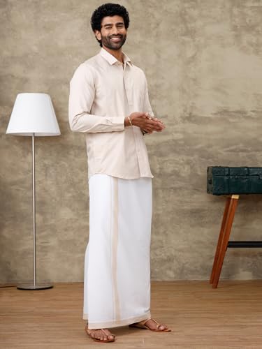 Image of RAMRAJ COTTON Men Full Sleeve Solid Shirt With Matching Border Dhoti|Ideal For Weddings And Occasion