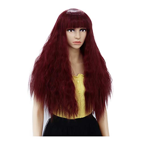PATTNIUM Burgundy Wig Long Curly Wig Dark Red Wig Kinky Curly Red Wig with Bangs Red Afro Hair for Women Cosplay Costume Fun Wig (DarkRed)