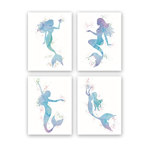 Image of CHDITB Graceful Movement Mermaid Watercolor Art Prints, Legend of The Sea, Set of 4(8" x10") Unframed Canvas Print, Great Gift for Girls Bedroom Bathroom Home Wall Decor