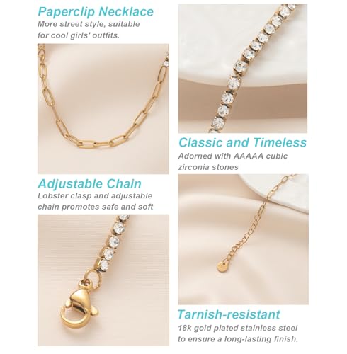 Gold Tennis Bracelets for Women, Paperclip Chain 3.0 Cubic Zirconia CZ Diamond 14K Gold Plated Stainless Steel Tennis Bracelet, Dainty Adjustable Gold Bracelet Stack for Women Men 5
