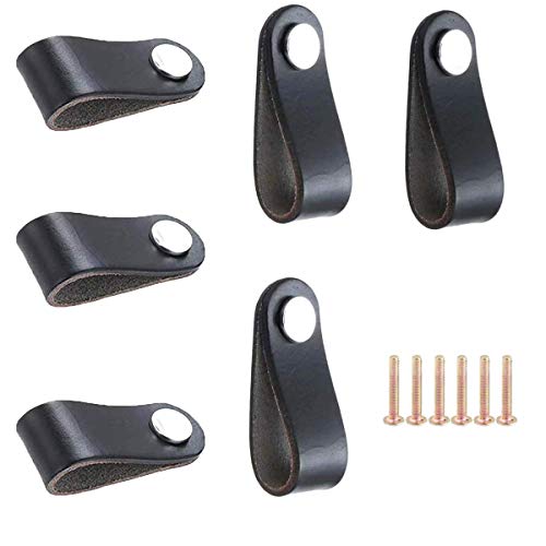 Ledergriffe Möbel, 6 Stück Türgriffe Schrank Möbelknöpfe Leder Schubladengriff Schwarz Ledergriff für Schränke, die Küche und Tür | Lieferung mit Schrauben Cover