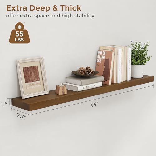Image of Marsmiles Wood Floating Shelves | 55 Inch Rustic Dark Wood Wall Shelves Set of 1 | 55 inch W x 7.7 inch D x 1.6 inch H Wooden Shelves for Bathroom Living Room Kitchen