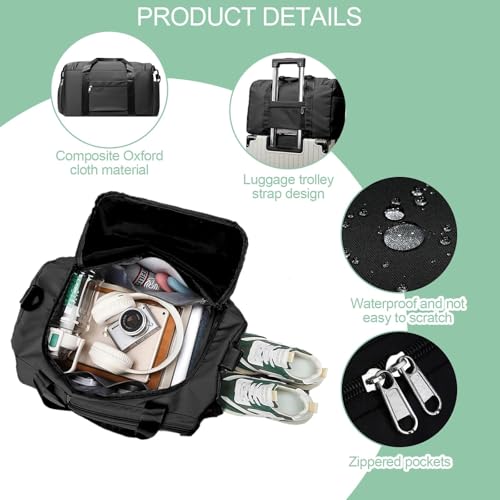 Comzantor Bolsa de Viaje, Deporte Gimnasio con Compartimento Zapatos, Impermeable, Mujer y Hombre para Viajes, Deportes, Fitness(Negro)