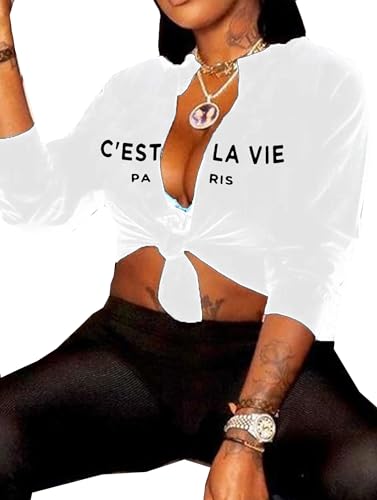 Sexy Tie Front Crop Top for Women Long Sleeve Graphic Tee Shirt Clubwear2