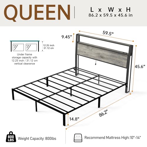 Image of Queen Size Bed Frame with Headboard, Metal Platform Bed Frame with LED Lights & Charging Station, Under Bed Storage, Solid and Stable, No Box Spring Needed, Noise Free, Easy Assembly, Rustic Grey