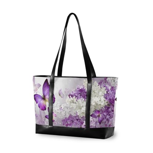 Flower Butterfly Laptop Tote Bag,Fits 15.6 Inch Laptop,Womens Lightweight Canvas Leather Tote Bag Shoulder Bag