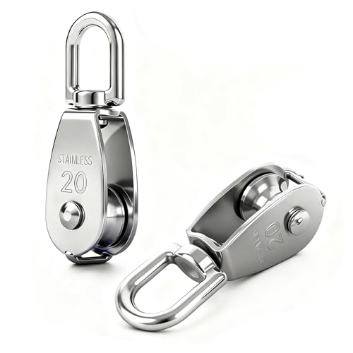 M20 Single Pulley Blocks 304 Stainless Steel 75kg/165lb Load Capacity for Wire Diameter 8mm Heavy Duty Pulley Roller with 360 Swivel Hook Washing Line Pulleys (Silver 2 Pcs)