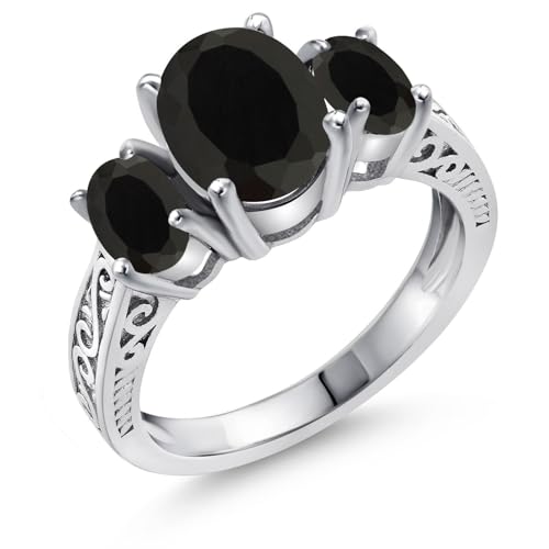 Gem Stone King 925 Sterling Silver Black Onyx 3 Stone Ring For Women (2.41 Cttw, Gemstone Birthstone, Available In Size 5, 6, 7, 8, 9)