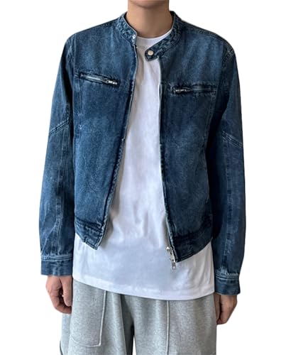 [BEIBANG] メンズ デニムジャケット ジージャン 長袖 gジャン ショート丈 ブルゾン ダメージ加工 立ち襟 韓国風 トップス ジーンズ アウター ショートコート ゆったり ジージャン(Mブルー)