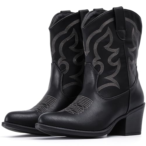 Image of IXU Cowboy Boots for Women Wide Suede Ankle Western Cowgirl Boots Mid Calf Pointed Toe Short Chunky Classic Booties