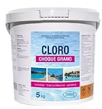 Cloro grano de disolución lenta para todo tipo de piscina en envase de 5 kilos.