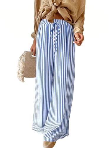 Image of Acelitt Women Casual Drawstring Elastic Waist Striped Wide Leg Pants with Pockets, S-XXL