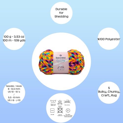 Image of Cuddly Velvet Chenille Yarn, Super Soft Fluffy Bulky for Knitting Crocheting Crafting Blanket Amigurumi, Durable for Shedding, 100 Gram (3.53 Ounces) 109 Yards (100 Meters) (Multi - Rainbow)