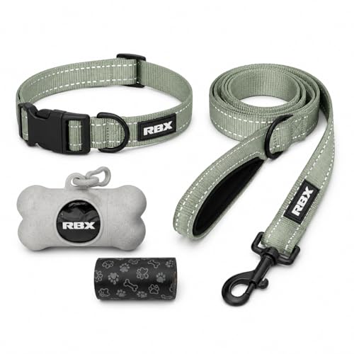 RBX Dog Collar and Leash Set for Small Dogs Complete Collar Walk Kit with 5 ft Leash Adjustable Collar Poop Bag Dispenser and Waste Bags Reflective Detail Small Pet Walking Set Green