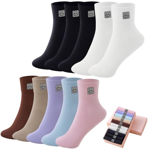 Image of HUGSWEET Cotton Soft Comfy Crew Ankle above Socks for Women Gift 5-10 Pairs | Colorful Casual Cute Funny Smiley Face Quarter Mini Crew Thin Socks, Elastic Lightweight Gifts for Women