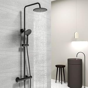 Acezanble Thermostatische douchezuil, thermostatisch douchesysteem 38 °C, roestvrijstalen douchezuil met mengkraan voor badkamer, 20 x 20 cm, douchekop, handdouche met 3 straalsoorten, rond