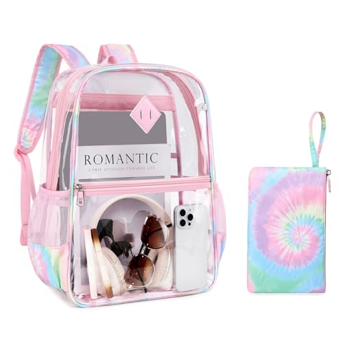 Image of MUSEVOS Clear Backpack for School, Heavy Duty PVC Transparent Bookbag for Girls Stadium Approved See Through Backpack, Pink Tie-Dye
