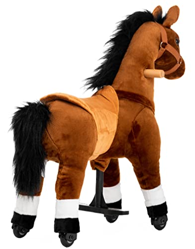 PONYEEHAW Reitpferd für Kinder ab 3 mit Rollen, Horse Toy Ride, Spielpferd zum Reiten Stehpferd Groß aus Metall und Plüsch Pferde Spielzeug zum Reiten mit Schabracke und Zaumzeug (Braun, Klein)