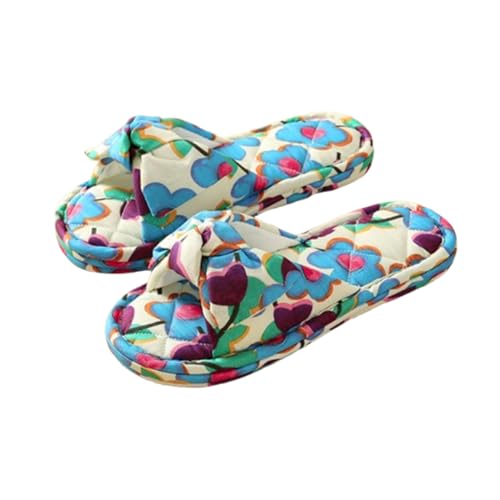 Bow-Knot Floral Cotton Slippers for Women, Open Toe Indoor Slide Comfortable Washable Absorb Sweat Cloth Bottom Stitching Home Shoes