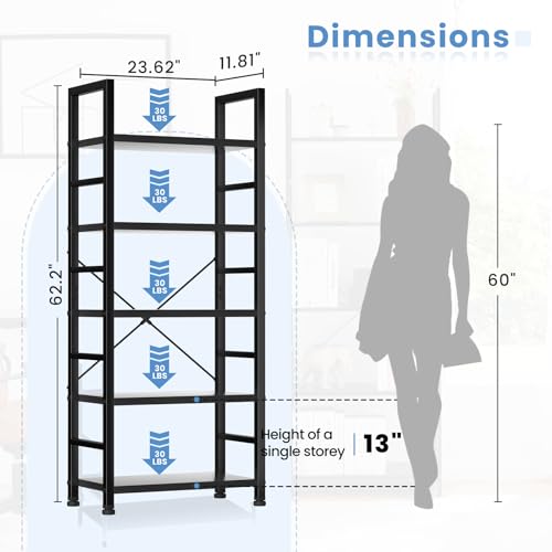Image of DUMOS 5 Tiers Bookshelf, Classical Book Shelf, Tall Display Shelves in Living Room /Home /Office, Storage Organizer for CDs /Books /Movies, Modern Black