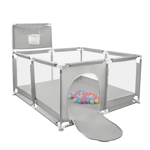 Laufstall Baby,Laufstall baby faltbar für Babys mit weichem,Baby Laufstalls mit Reißverschlusstür,Kinder laufgitter,inklusive 50 Bällen,4 X Zugringen,Leicht zu Reinigen (126x126x66cm Hellgrau)