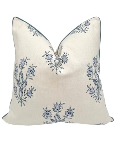Jillien Harbor “The Mary” Blue and White Decorative Throw Pillow Cover – Floral Block Print Pillow Cover – Grandmillennial Home Decor, 19' x 19'