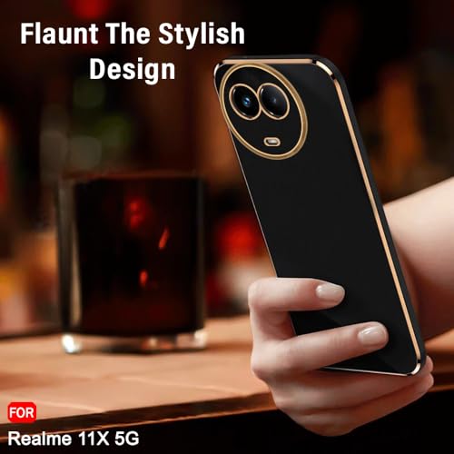 Image of TheGiftKart Luxurious Golden-Plated Back Cover Case for Realme 11 / 11X 5G / C67 5G / Narzo 60X 5G | Raised Lips for Camera & Screen Protection | Shockproof Design | Stylish Back Cover (TPU, Black)