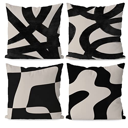 Keuspi Black And Beige Geometric Modern Abstract Neutral Art Throw Pillow Cover, Abstarct Art Throw Pillow Case 18×18 Inch Set Of 4,Home Living Room Decor,Women Gifts (Black) #TOP3