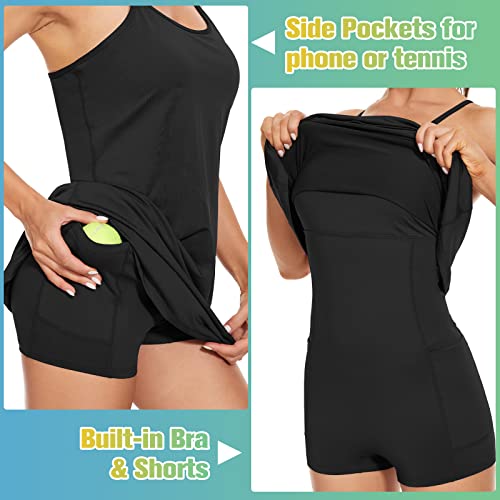 Womens Tennis Dress Athletic Exercise Dress Sleeveless With Built-In Bra & Shorts Pockets Golf Dress Workout Dress For Women Adjustable Cross Strap For Sports Running Hiking #TOP2