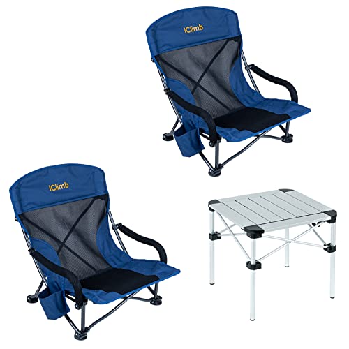 Iclimb 2 Low Wide Beach Chair And 1 Lightweight Stable Folding Square Table Bundle, Ultralight Compact For Two Adults Outdoor Beach Camping Glamping Concert #TOP13