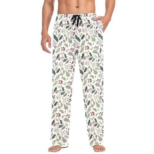 Mens Cotton Pajama Pants Sleep Lounge Pj Bottoms Sleepwear with Pockets Drawstring S Green Holly Leave