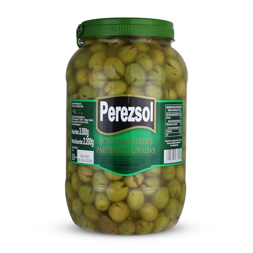 Aceitunas Manzanilla Partidas Extra Perezsol | Bote 3 kg (2,2 kg Escurrido) | Aperitivo Español Tradicional