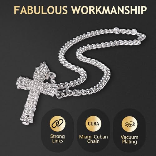 Rhinestones Cuban Link Chain Necklace with CZ Cross Pendant, 20inch Diamond Cuban Link Hip Hop Rapper Jewelry for Men and Women4