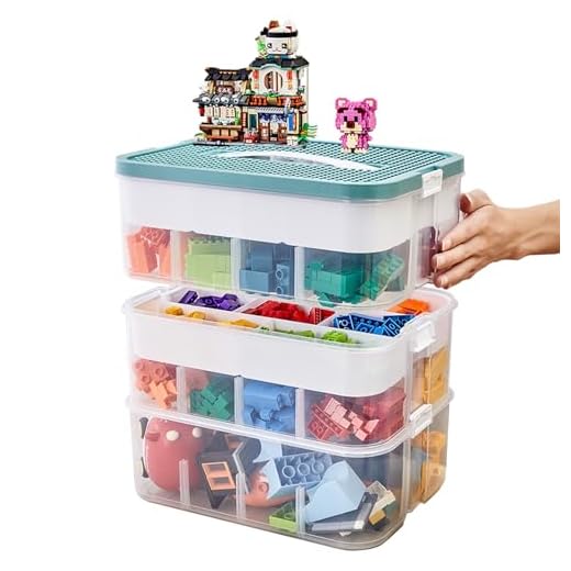 3 Stufen Aufbewahrungsbox für Lego Bausteine Stapelbar Legosteine Organizer mit Bausteinplatten-Deckel Transparent Sortierbox mit Fächern Multifunktional Box für Schmuck Malpinsel Kleine Figuren