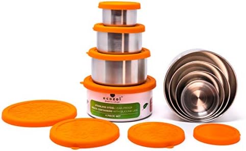 ecozoi Stainless Steel Containers with Lids | Leak Proof Snack Container 4 Pc Set | Bonus Cotton Carrying Case | Eco Friendly Bento Box Food Storage Lunch Box