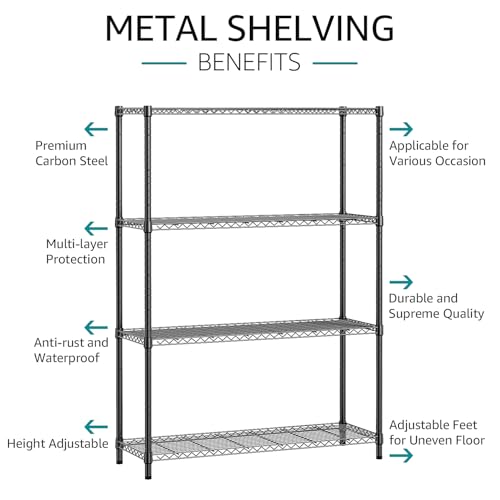 IZEUK 1400 LBS Garage Black Shelving Wide Storage Shelves 4 Tier Adjustable Heavy Duty Metal Wire Rack Standing Shelf Unit for Kitchen Office College Dorm Garage Warehouse 15.8" x 45.8"x 59.4" - Image 5
