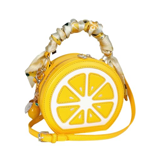 Lemon Purse Cute Fruit Shaped Bag with Charm Scarf 3Pcs Fun Novelty Small Round Citrus Slice Design Crossbody Shoulder Handbag Top Handle Clutches 2026 Spring Summer Trendy Gift for Women(Yellow)